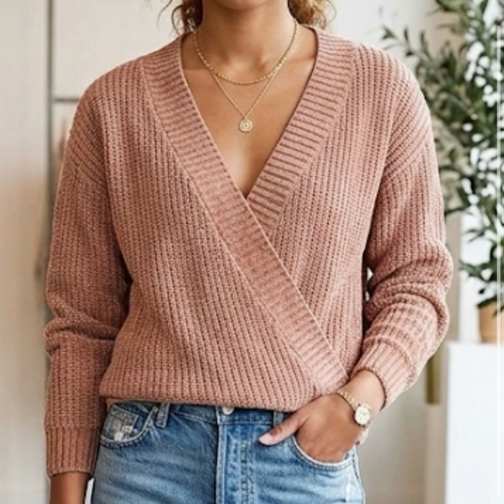 Billabong Womens Rust Orange Surplice Wrap Front V-Neck Knit Sweater Large‎